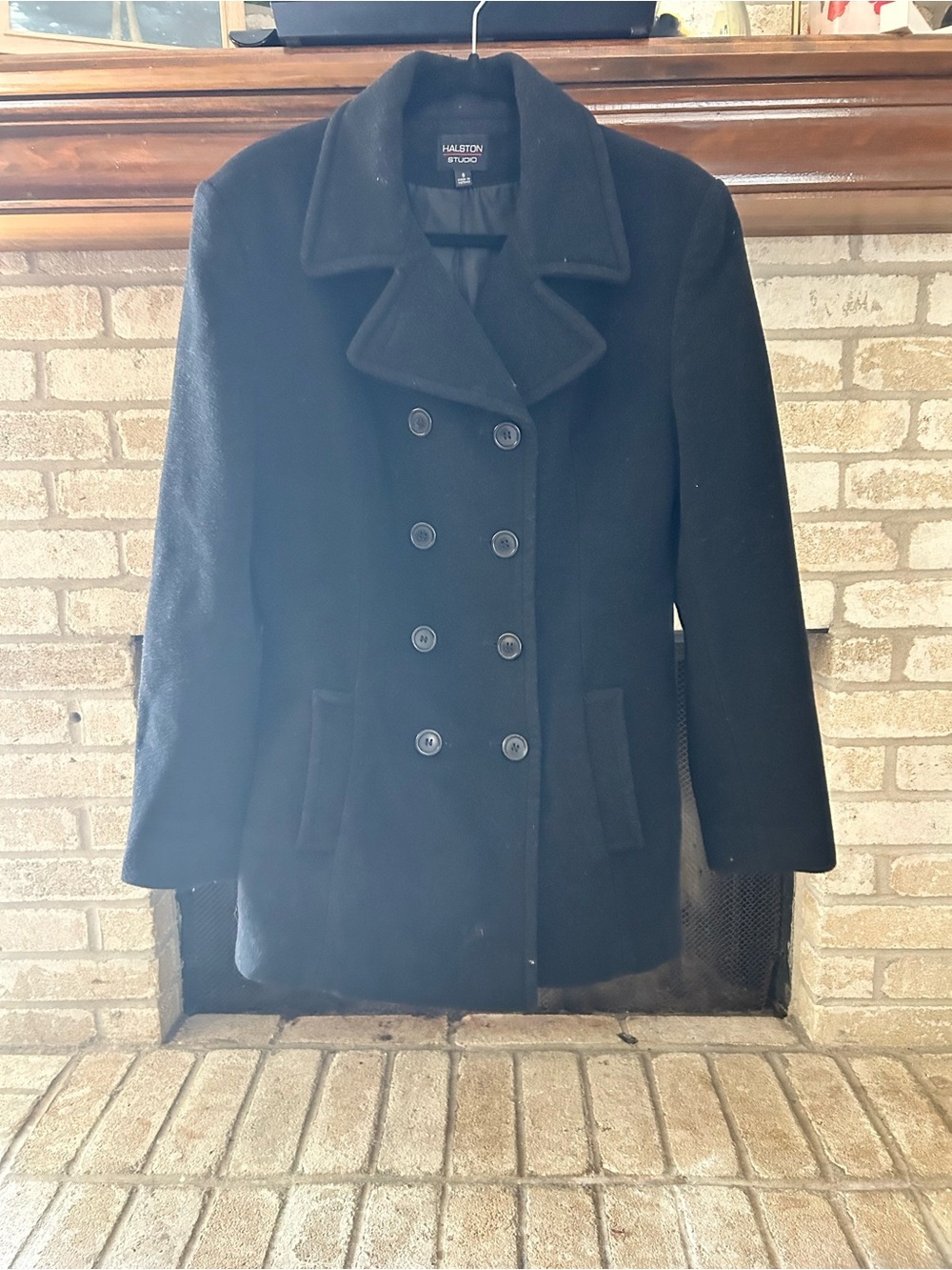 Halston Studio Women's Black Double-Breasted Wool Peacoat EUC